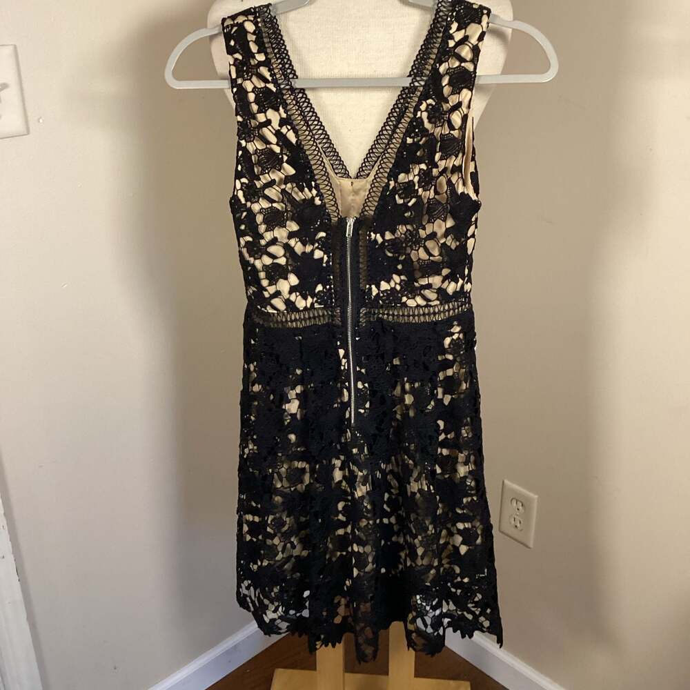 Francesca's Alya Black Lace V-Neck Sleeveless Dress with Nude Lining - Picture 3 of 3